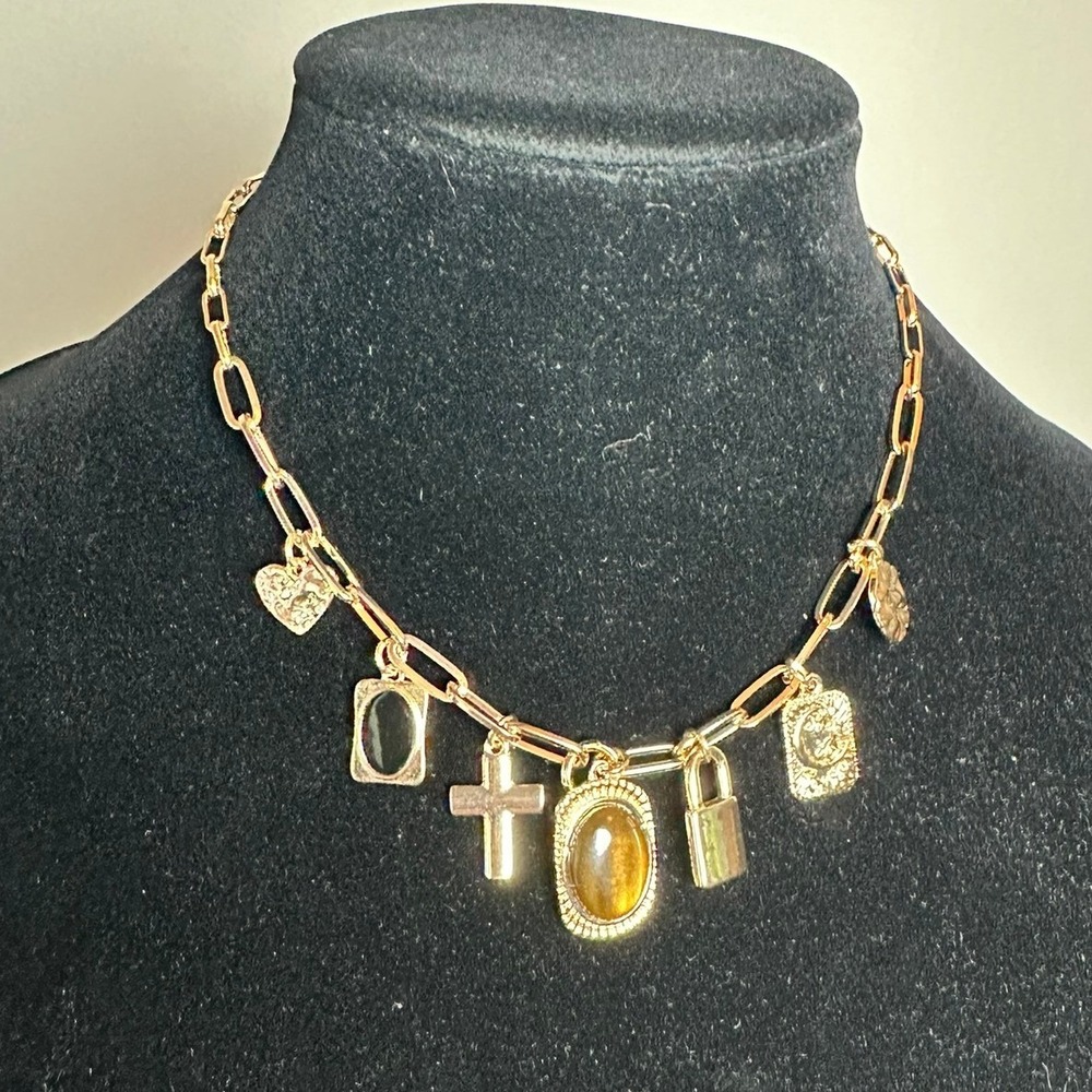 Altar'd State Gold Paperclip Charm Necklace Cross Heart Padlock Tiger Eye Stone